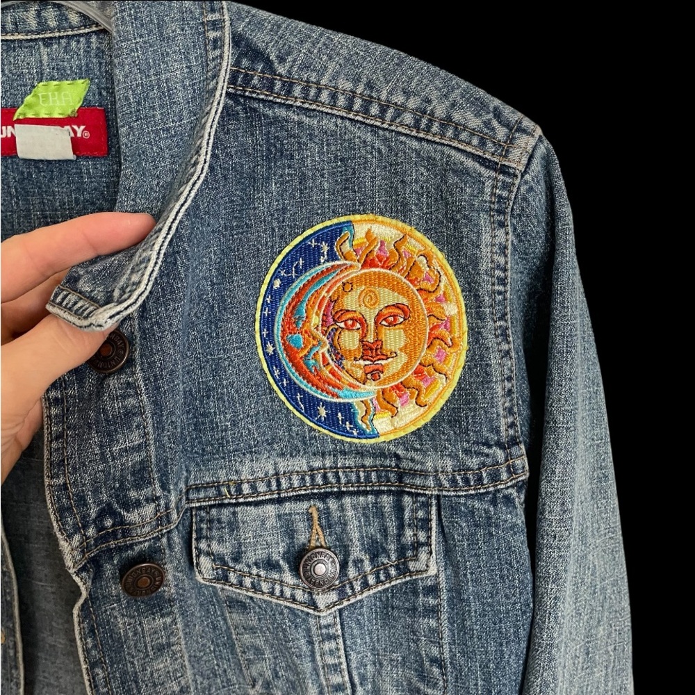 Erika Kelly Apparel UPcycled Denim Jacket Plaid Patchwork Sun & Moon vintage Y2K - Picture 2 of 4